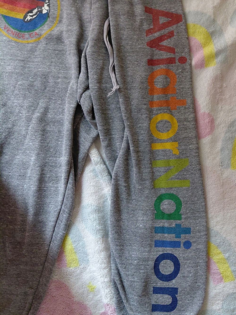 Aviator Nation Gray Joggers with Rainbow Logo Down Leg